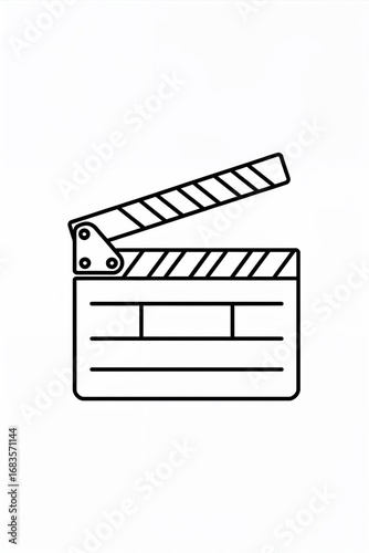 “Minimalist elegant line art of a classic film clapperboard, drawn in a single continuous outline. The design includes the top hinged clapstick with diagonal stripes and the rectangular body below 
