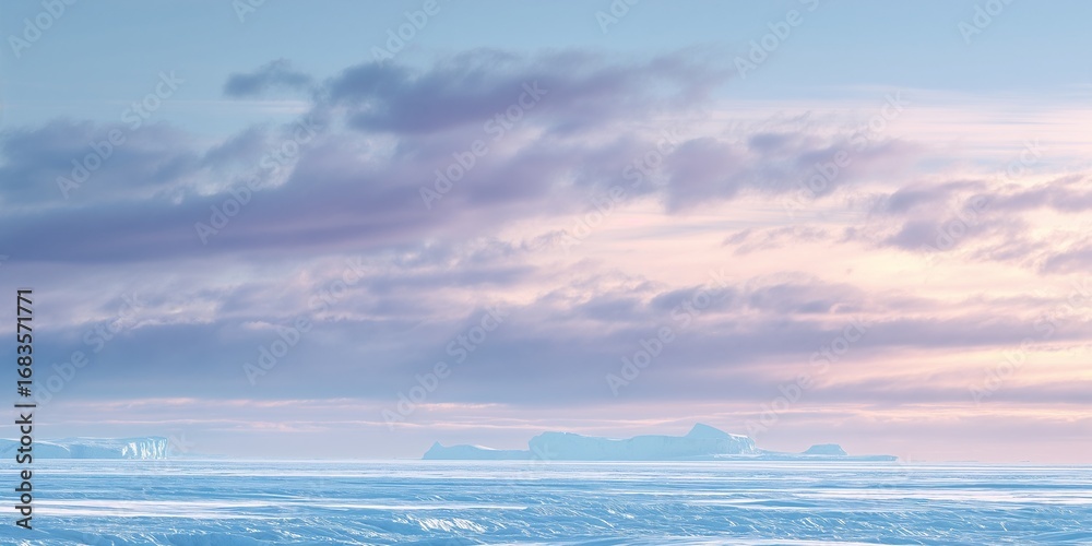Obraz premium Arctic winter sky over Greenland, pale blue and white tones, soft pastel horizon glow, thin silhouettes of icebergs at the bottom