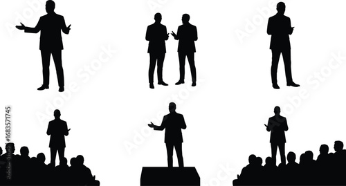 Silhouettes of business speakers presenting to audiences, corporate communication, public speaking,  