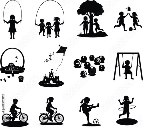 Silhouettes of children playing outdoors, including skipping, biking, swinging, flying kites, playing football, and other fun childhood activities.