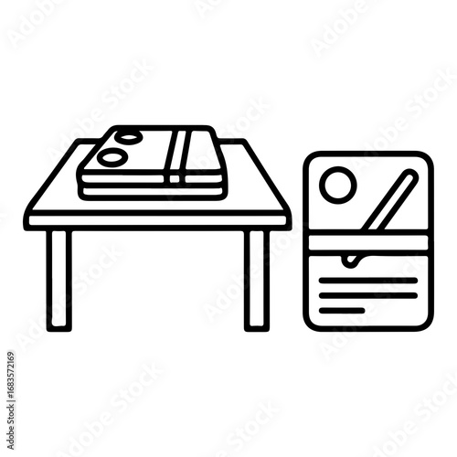Simple line art vector illustration of a table with stacked items and a filing cabinet or desk cabinet