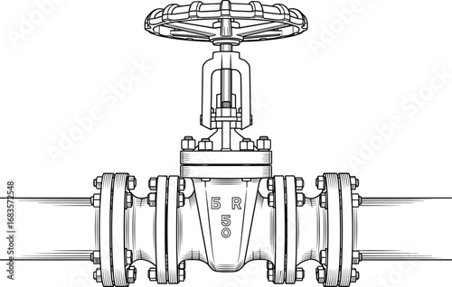 Industrial gate valve with handwheel and flanged pipe connections, detailed technical line art illustration, mechanical equipment for fluid control and pipeline systems.
