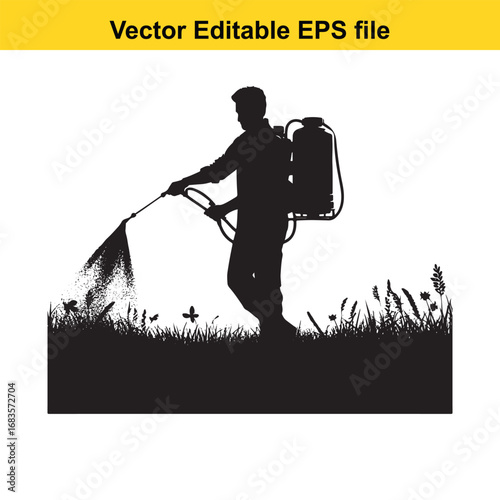 Silhouette of a farmer spraying pesticides on a field isolated on white background