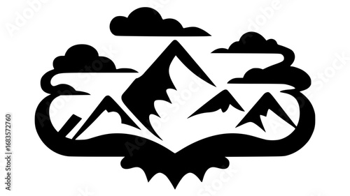 Dynamic mountain peaks and clouds create an iconic silhouette for adventure branding and outdoor themes