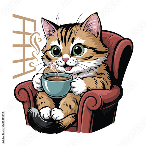 Adorable kitten enjoys a warm cup of coffee while relaxing in a cozy armchair