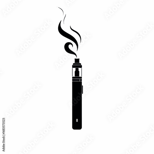 A minimalist black silhouette of a slender 2D vector vape pen with clean outlines, enveloped by a wispy, artistic swirl of smoke, isolated on a pristine white background.