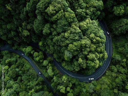 Winding road through lush forest canopy. Aerial view