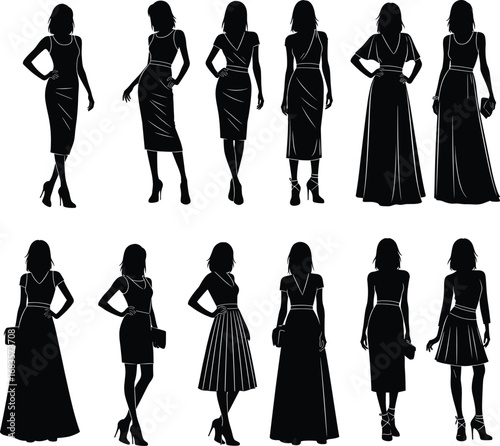 Silhouettes of fashionable women in elegant evening dresses and skirts, posing in high heels, perfect for fashion and style designs.