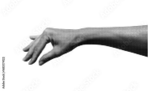 Outstretched human hand with bent fingers pointing down. Black and white isolated gesture on transparent background. Vector halftone collage element for direction, grabbing, body language, design.