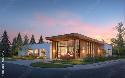 Wallpaper Mural Modern architectural design of a contemporary building with a dramatic wooden facade and large windows, set against a tranquil evening sky. Torontodigital.ca