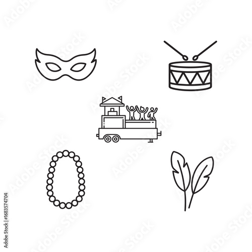 Mardi Gras Line Icons Pack: Carnival Mask Beads Parade Drum Feather Vector
