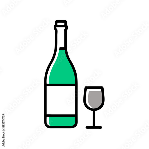 Illustration of a green wine bottle and a glass, representing a refreshing and elegant beverage for celebrations and events