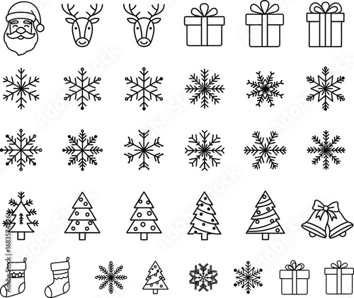 Vector collection of thin line Christmas icons. A set of winter holiday symbols like Santa, reindeer, snowflakes, trees, and gift boxes