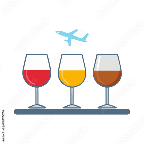 Vector art of wine flight tasting experience with airplane in the background, showcasing a selection of red, white, and rose wines