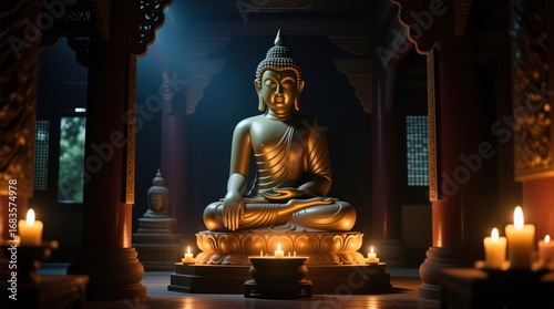 Golden Buddha statue in a dimly lit temple, surrounded by candles