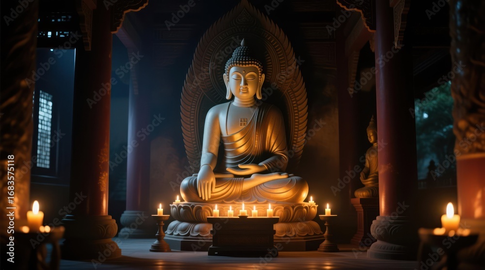 Fototapeta premium Golden Buddha statue in dimly lit temple