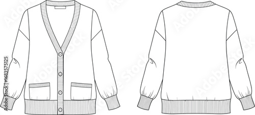 Technical flat sketch of cardigan sweater with button closure, ribbed cuffs and hem, front pockets, long sleeves, and detailed garment construction lines.