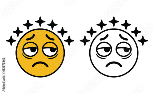 Dizzy Emoji with Stars Vector Illustration: Unwell Face with Outline Style on Transparent Background for Digital Design and Communication