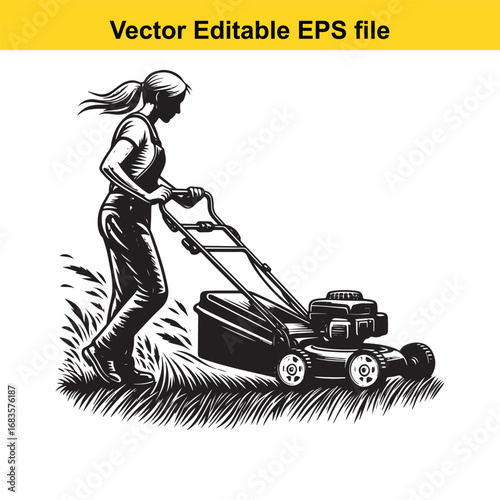 Woman mowing lawn with a push mower in a grassy field, vector illustration