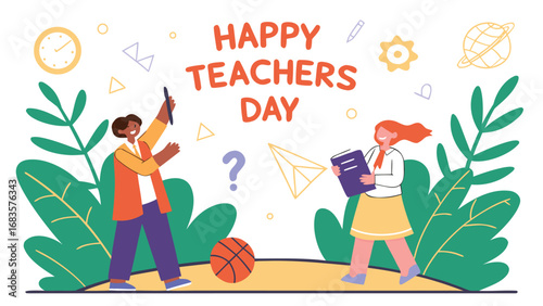 A charming teachers day image with flowers, butterflies, and a chalkboard isolated on white background
