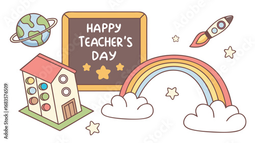 A heartwarming scene of students giving flowers to their teacher in a school hallway isolated on white background