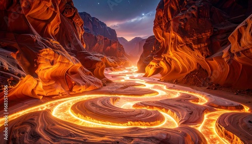 Vast glowing canyon carved with luminous patterns, rivers of light flowing through alien rock formations in an otherworldly landscape