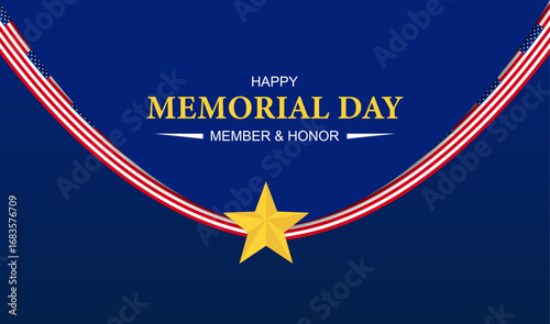 Happy Memorial Day. American flags with the text Member and honor American national holiday.