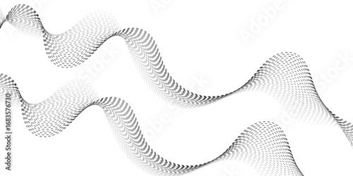 Minimalist illustration featuring dotted waveforms in black fading to gray, gracefully intertwining and creating a fluid, rhythmic structure on a clean white backdrop, symbolizing connectivity, 