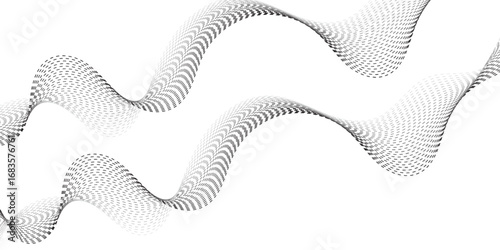 Minimalist illustration featuring dotted waveforms in black fading to gray, gracefully intertwining and creating a fluid, rhythmic structure on a clean white backdrop, symbolizing connectivity, 