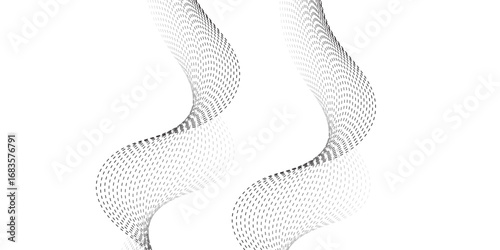 Minimalist illustration featuring dotted waveforms in black fading to gray, gracefully intertwining and creating a fluid, rhythmic structure on a clean white backdrop, symbolizing connectivity, 