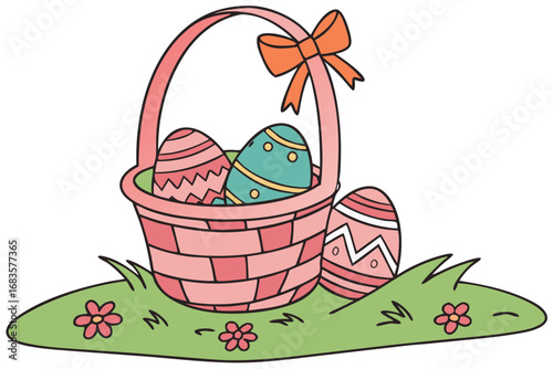 Easter basket filled with colorful painted eggs nestled in grass with flowers, celebrating the joyful spirit of spring