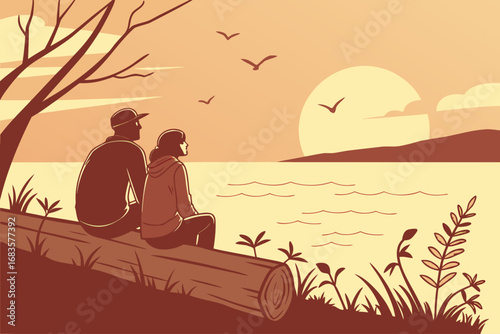 Couple enjoys tranquil sunset over calm waters, silhouetted against golden evening sky, a shared moment of natural beauty and peaceful reflection