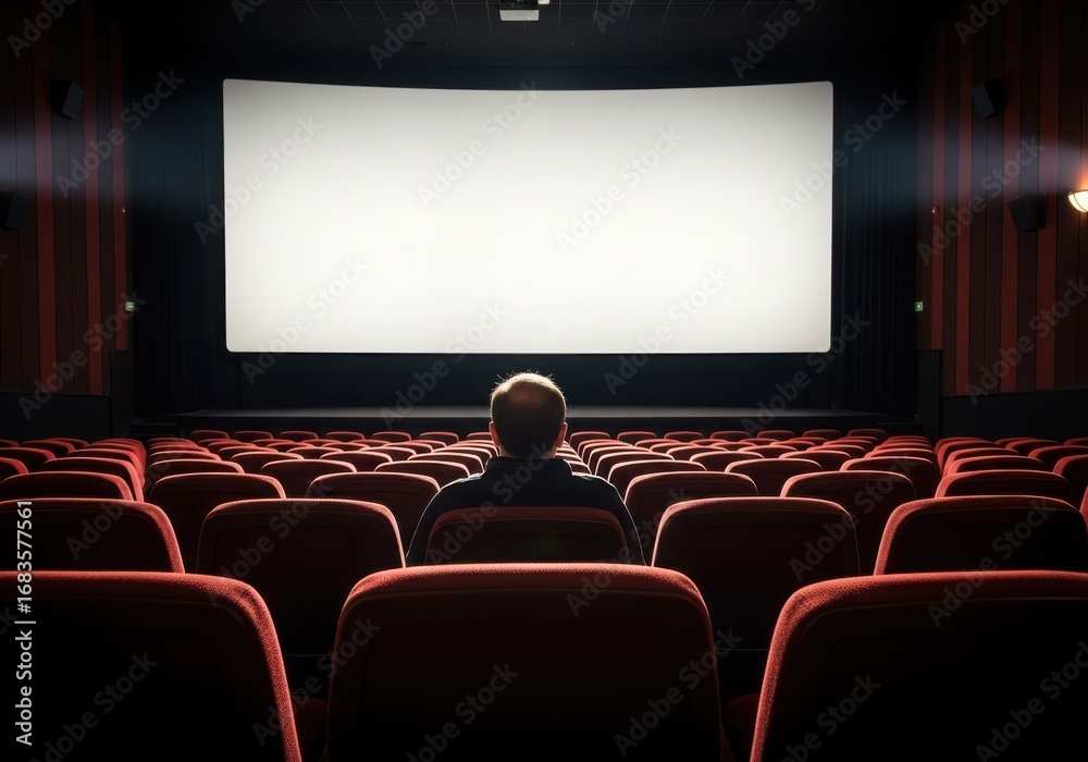 Naklejka premium Man sitting alone in empty cinema watching screen