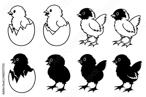 Set of adorable cartoon baby chicken icons. Illustrations of a newly hatched chick from an egg and a small bird standing, perfect for Easter or spring themes