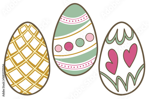 A charming collection of three beautifully decorated Easter eggs with unique patterns. Festive vector illustration in pastel colors for spring holiday and seasonal designs