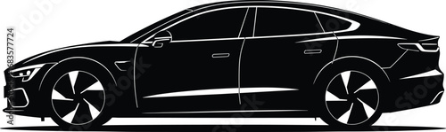 Sleek modern black sedan car side view, luxury vehicle silhouette, automotive design, transportation, futuristic electric car, urban commuting, stylish wheels, smooth aerodynamic body