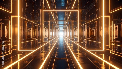 Shimmering labyrinth of shifting mirrors, endless reflections forming intricate imaginative pathways in glowing dimensional space