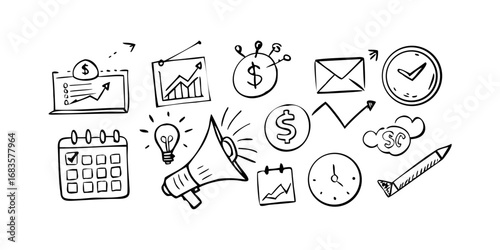 A set of hand-drawn sketch icons for web and business communication