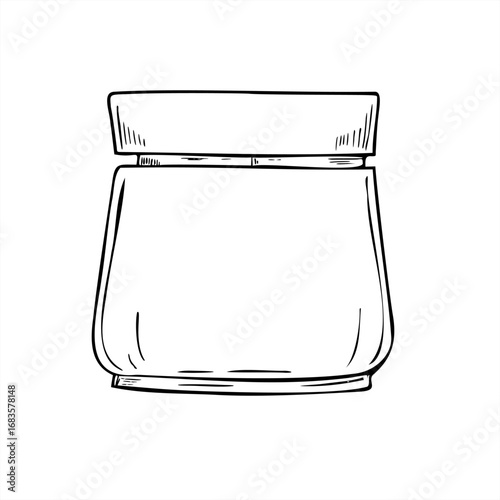 Jam or honey in close small glass jar outline vector isolated illustration. Etching drawing of healthy conservation in modern style. Hand drawn natural products in bottle for packaging, design