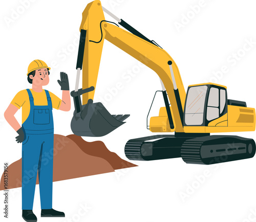 Construction worker with excavator on a building site with dirt pile