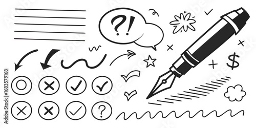 Hand-drawn vector illustration of a pen, pencil, and paper with a heart symbol, representing the idea of love for writing and design