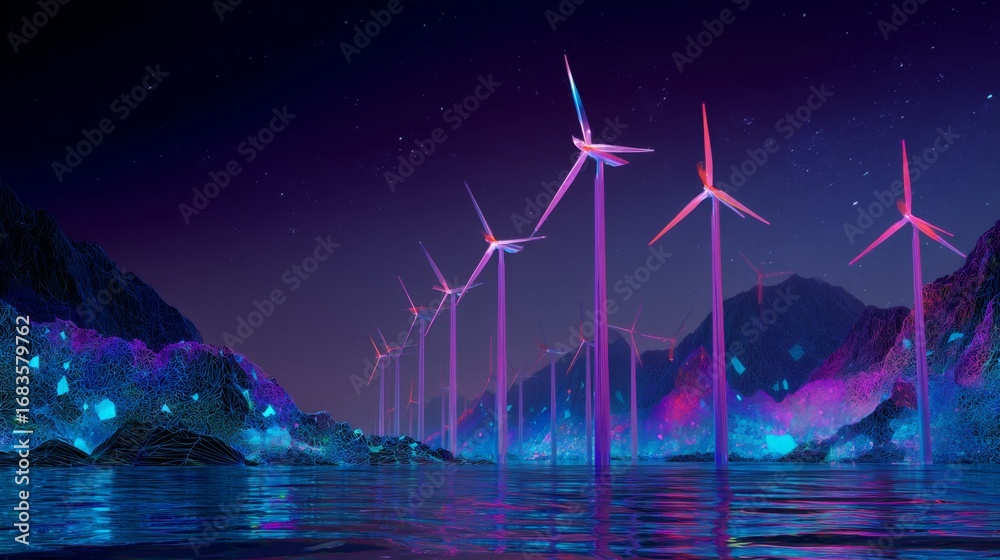 Obraz premium Futuristic Glowing Holographic Wind Farm Landscape with Vibrant Colors and Digital Elements at Dusk