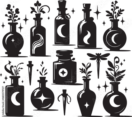Magical Potion Bottles with Celestial and Botanical Elements