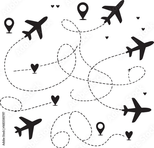 Airplanes flying on dotted flight paths with hearts and location pins aircraft travel