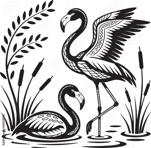 Black and white graphic illustration of two flamingos in water with reeds and foliage bird animal
