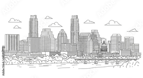 Line art illustration depicting the Austin, Texas skyline with buildings, trees, a bridge, and clouds in a minimalist style.