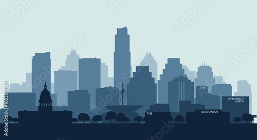 Silhouette of a city skyline featuring various buildings and skyscrapers against a light blue background.