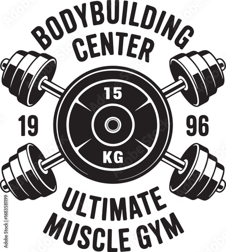 Bodybuilding Center Ultimate Muscle Gym Logo With Dumbbells And Weight Plate fitness strength