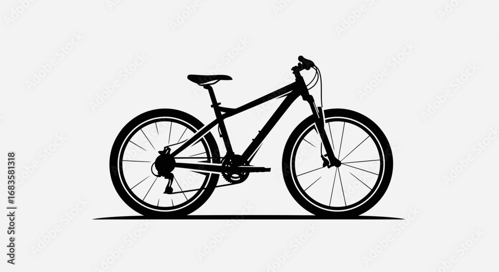 Obraz premium Silhouette of a modern mountain bicycle, showcasing its frame, wheels, and components, isolated on white.