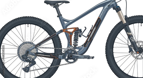 A close-up studio shot of a modern mountain bike, showcasing its design and components.